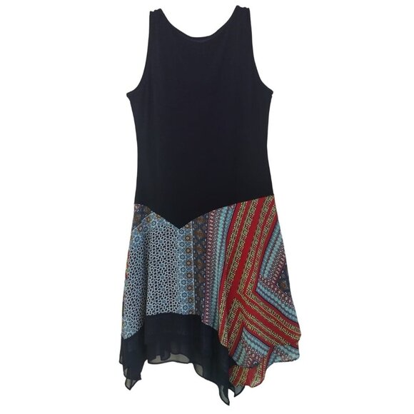 MSK Women's Medium Sleeveless Black & Multicolor Handkerchief Hem Dress. - Picture 2 of 6